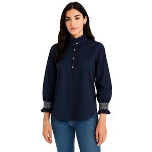 Tuckernuck Navy Ruffle Neck Smocked Cuff Blouse L
